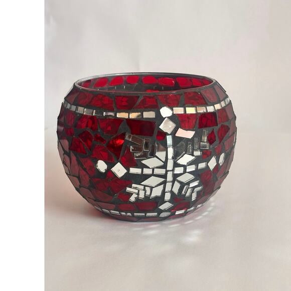 Red Glass Mosaic Christmas Holiday CandleHolder Centerpiece w/ Snowflake Accent - Picture 9 of 10